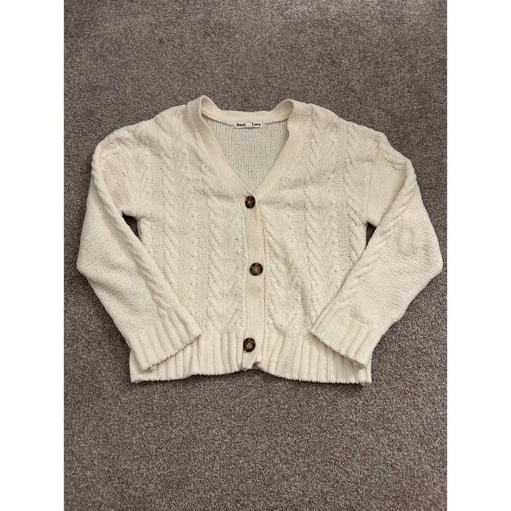 VTG Sweet Envy Cable Knit Chenille Cardigan Womens Medium Cream Excellent V-Neck